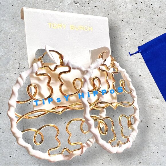 Tory Burch White and Gold Logo Hoop Earrings (6cm) - Picture 3 of 4